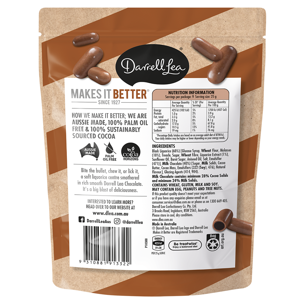 Milk Chocolate Liquorice Bullets 226g Darrell Lea